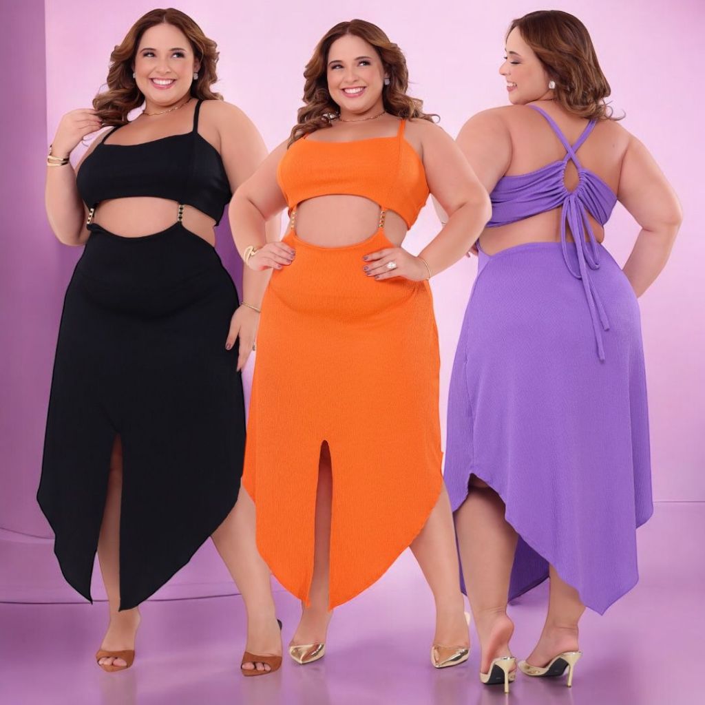 Vestido Plus Size Feminino Com Fenda e Recorte e amarração Nas Costas Tam Único 46ao52