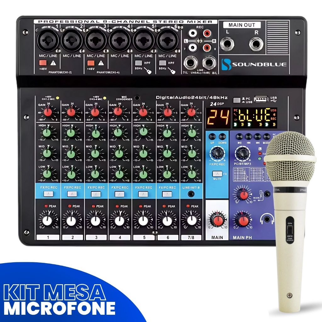 Kit Console Mesa Som 8 Canais Audio Profissional Bluetooth Usb Mixer Combo + Microfone Fio Dinamico SuperCardiode