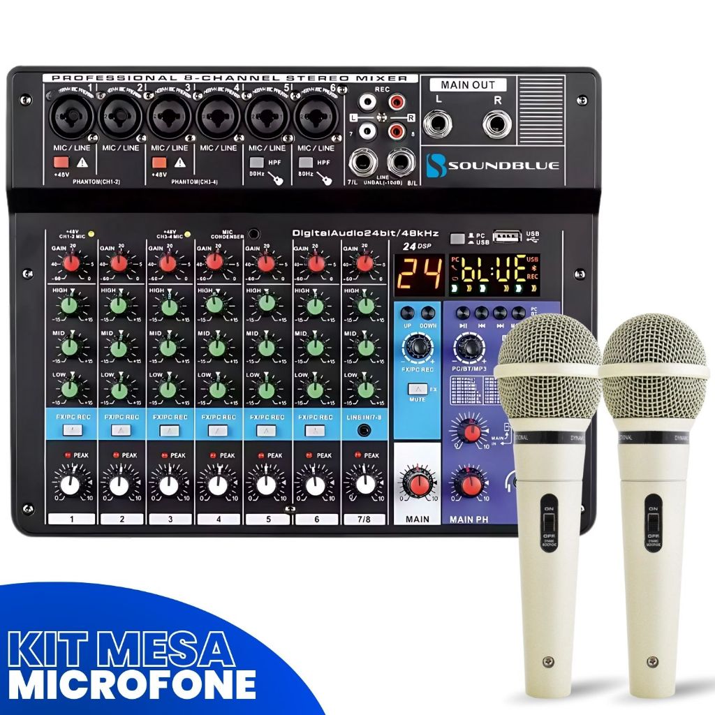 Kit Console Mesa Som 8 Canais Audio Profissional Bluetooth Usb Mixer Combo + 2 Microfones Fio Dinamico SuperCardiode