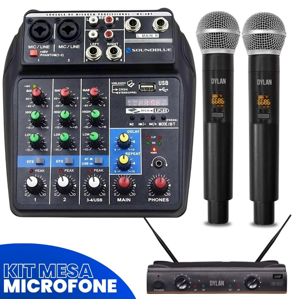 Kit Console Mesa Som 4 Canais Audio Profissional Bluetooth Usb Mixer + Microfone Duplo Sem Fio Dinamico Cardiode Dylan