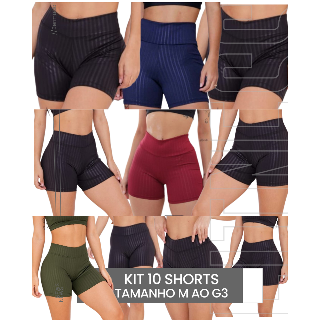 Kit 10 Shorts 3D Feminino Curto Academia Fitness Cós alto