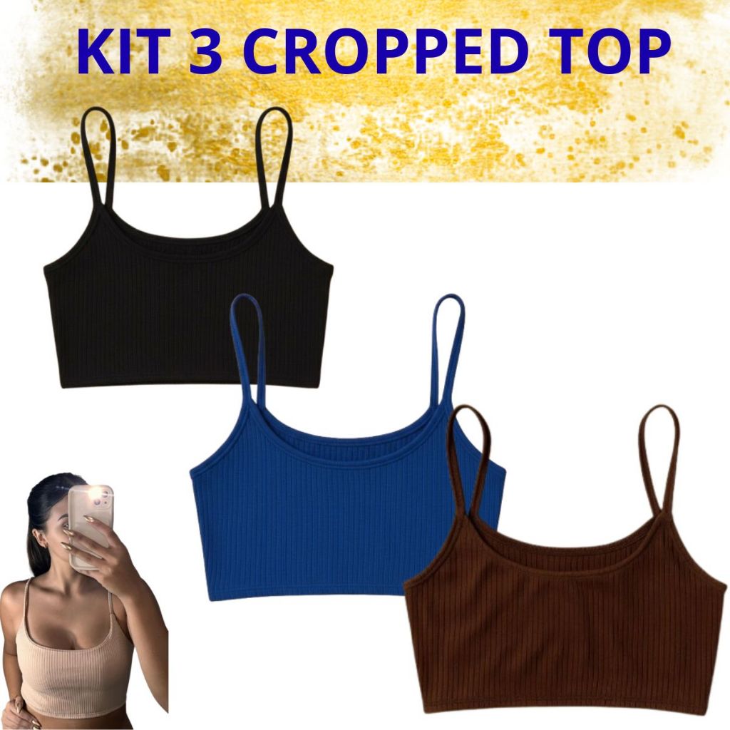 KIT 3 Cropped Feminino Forrado Top Com Alça Academia Blusa Ribanna