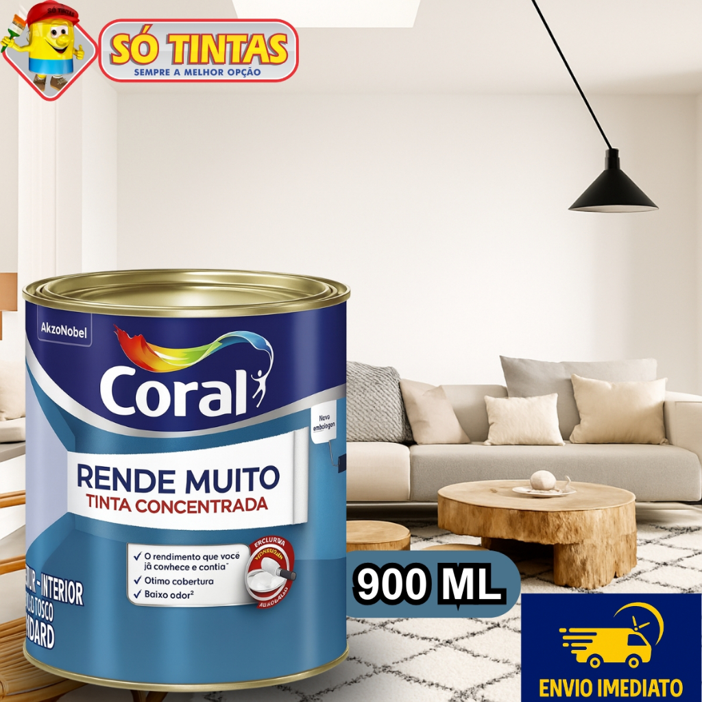 Tinta Acrílica Coral Rende Muito 900 ML Fosca Lavável Standard Rendimento, Secagem Rápida, Cores