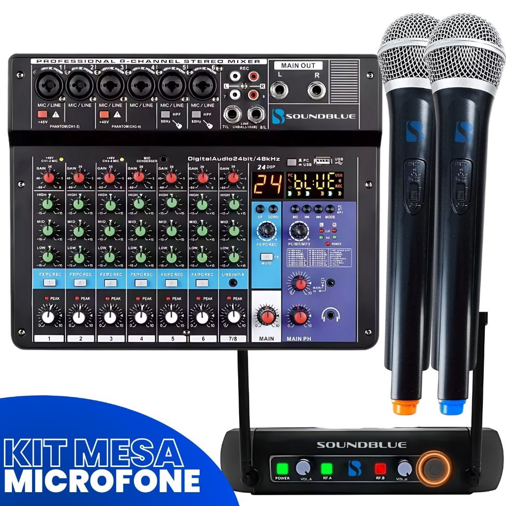 Kit Console Mesa Som 8 Canais Audio Profissional Bluetooth USB Mixer + Microfone Duplo UHF-202 Sem Fio Dinamico Cardiode