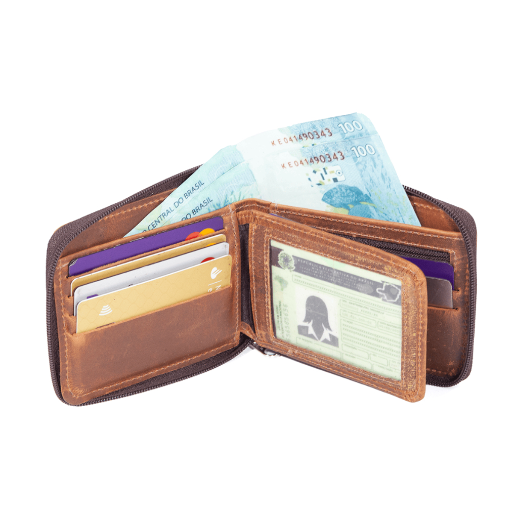 Carteira de Couro Masculina Grande Porta Cartão Dinheiro CNH Fecho Ziper