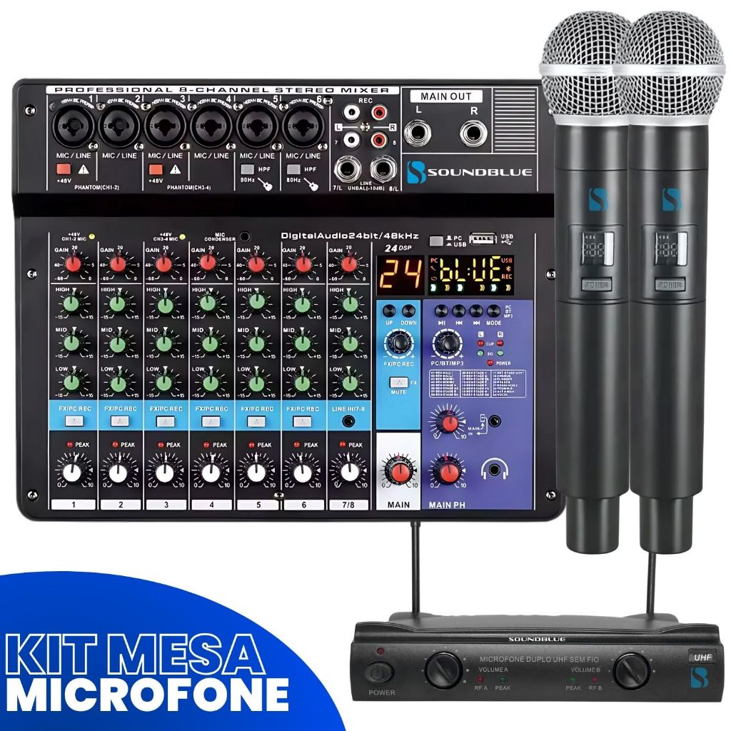 Kit Console Mesa Som 8 Canais Audio Profissional Bluetooth Mixer + Microfone Duplo UHF-320M Sem Fio Dinamico Cardiode