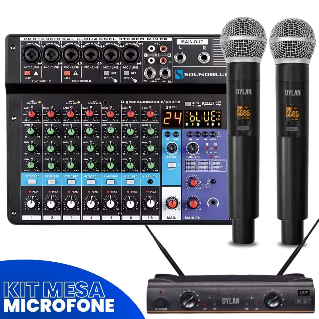 Kit Console Mesa Som 8 Canais Audio Profissional Bluetooth Usb Mixer + Microfone Duplo Sem Fio Dinamico Cardiode Dylan