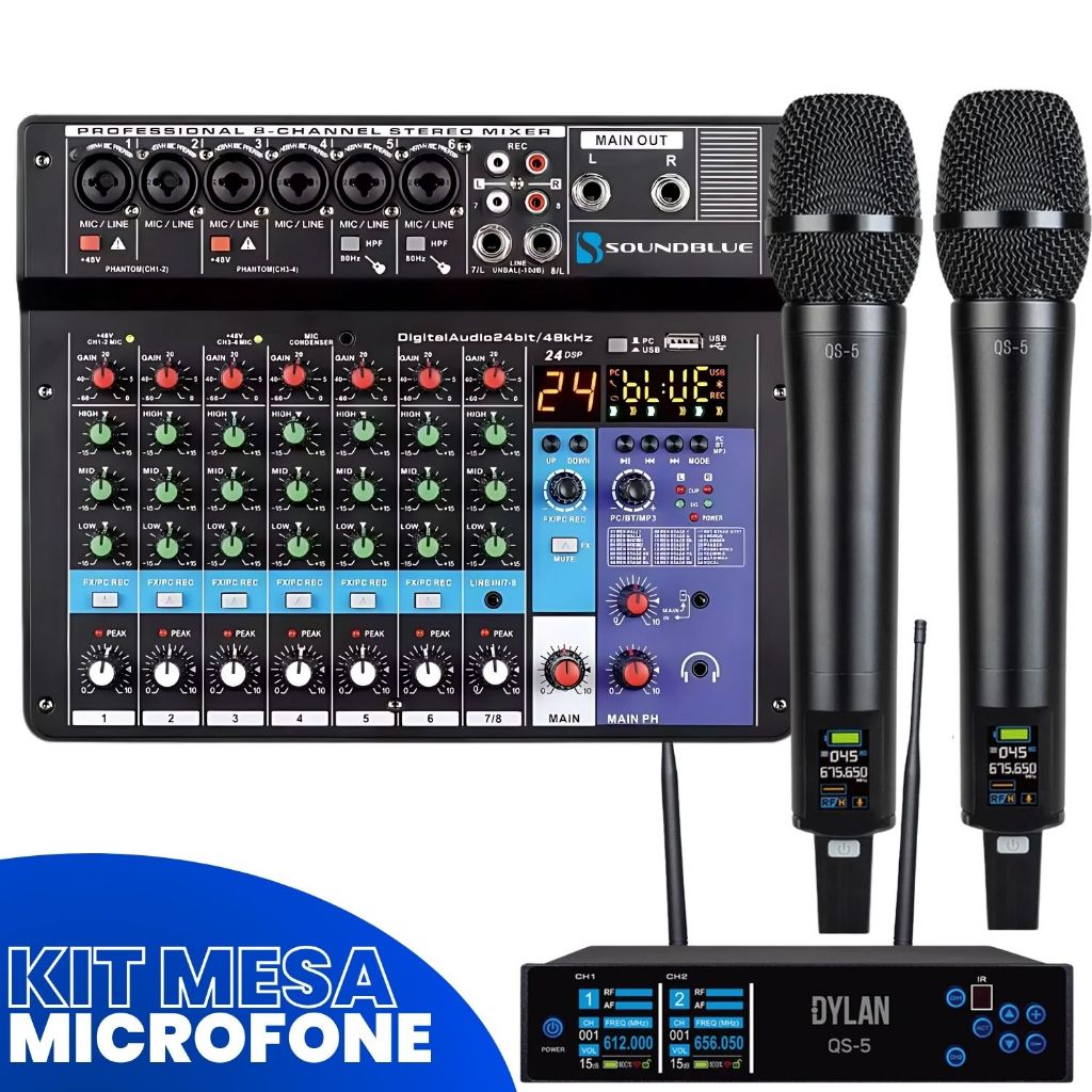 Kit Console Mesa Som 8 Canais Audio Profissional Bluetooth Mixer + Microfone Duplo QS-5 Sem Fio Dinamico Cardiode Dylan