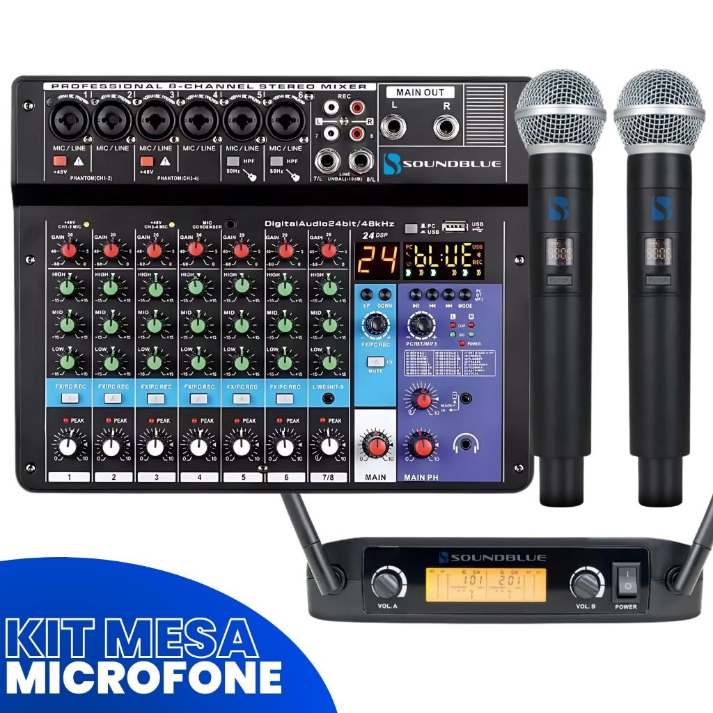 Kit Console Mesa Som 8 Canais Audio Profissional Bluetooth Mixer + Microfone Duplo UHF-520M Sem Fio Dinamico Cardiode