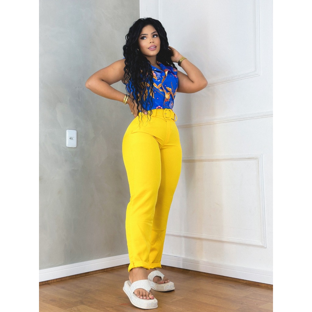 Calça Feminina Social Alfaiataria Com Cinto Bolso Zíper na Lateral Cintura Alta Tendência