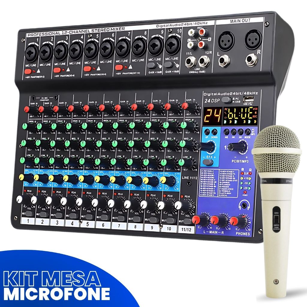 Kit Console Mesa Som 12 Canais Audio Profissional Bluetooth Usb Mixer Combo + Microfone Fio Dinamico SuperCardiode