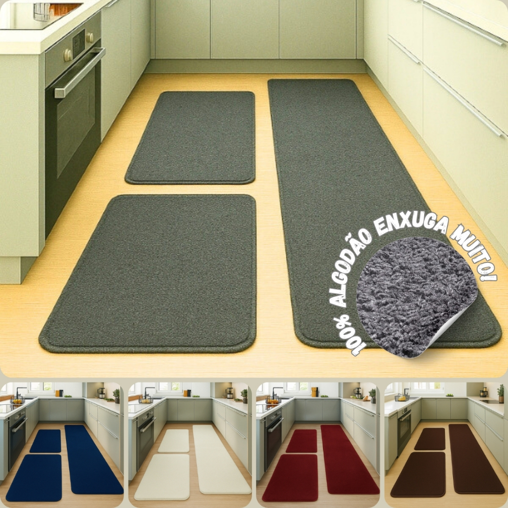 Tapete de Cozinha Quarto Corredor Passadeira Soft Jogo 3 Peças Macio Conforto Algodão em Oferta na Shopee