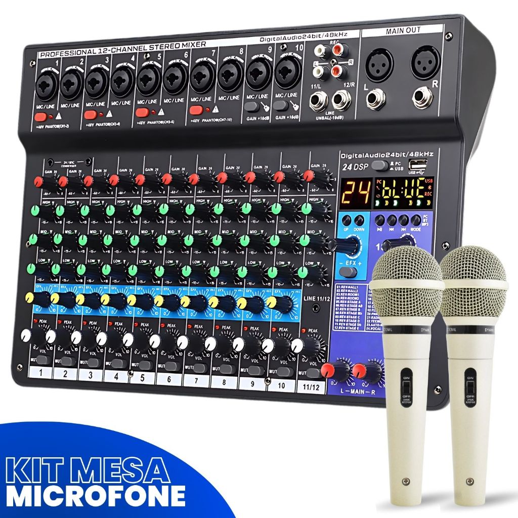 Kit Console Mesa Som 12 Canais Audio Profissional Bluetooth Usb Mixer Combo + 2 Microfones Fio Dinamico SuperCardiode