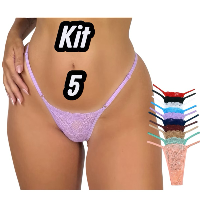 Kit 5 Calcinhas Fio dental com Regulagem Lateral Renda Feminina Sexy Microfibra