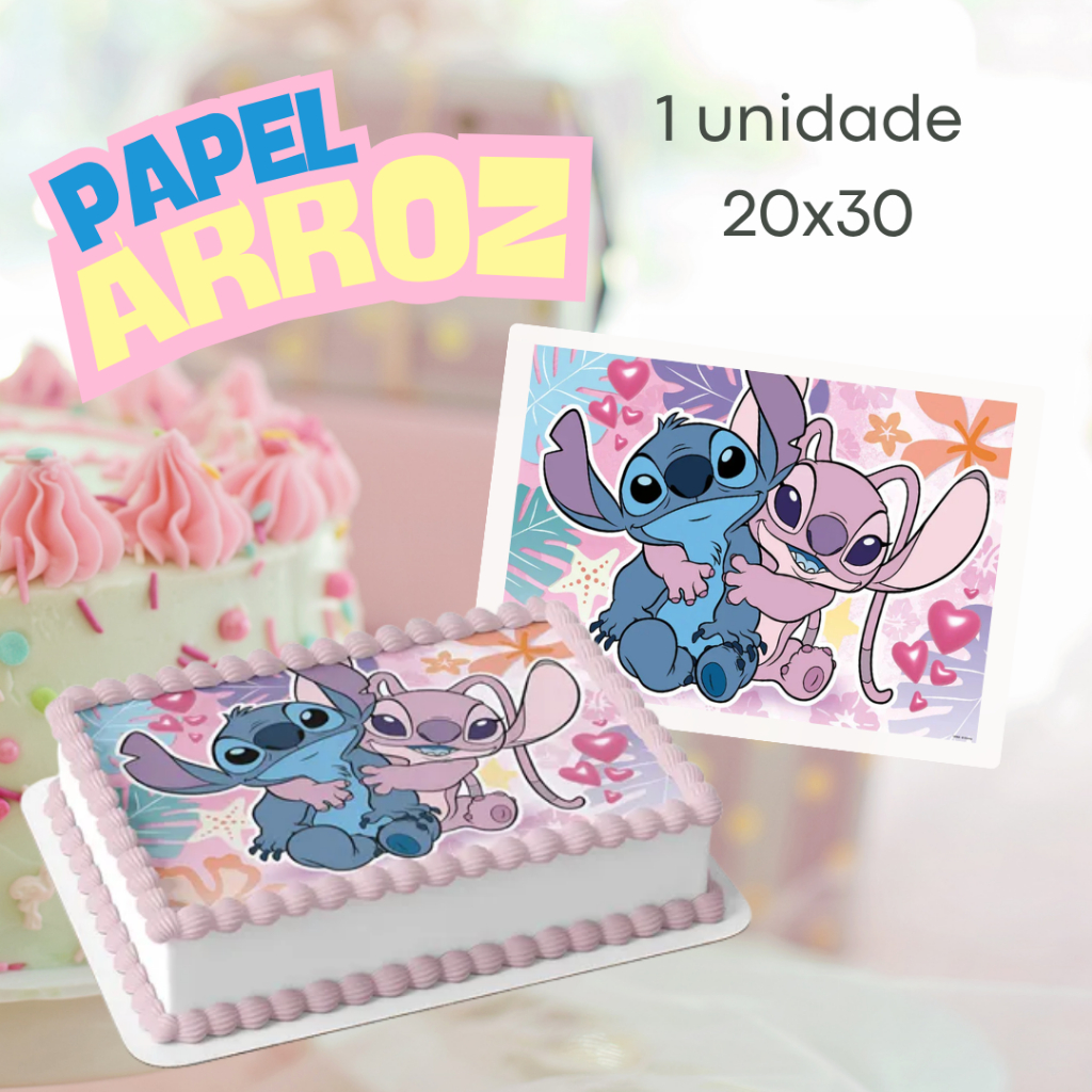 papel arroz stitch e angel retangular para bolo em Oferta na Shopee