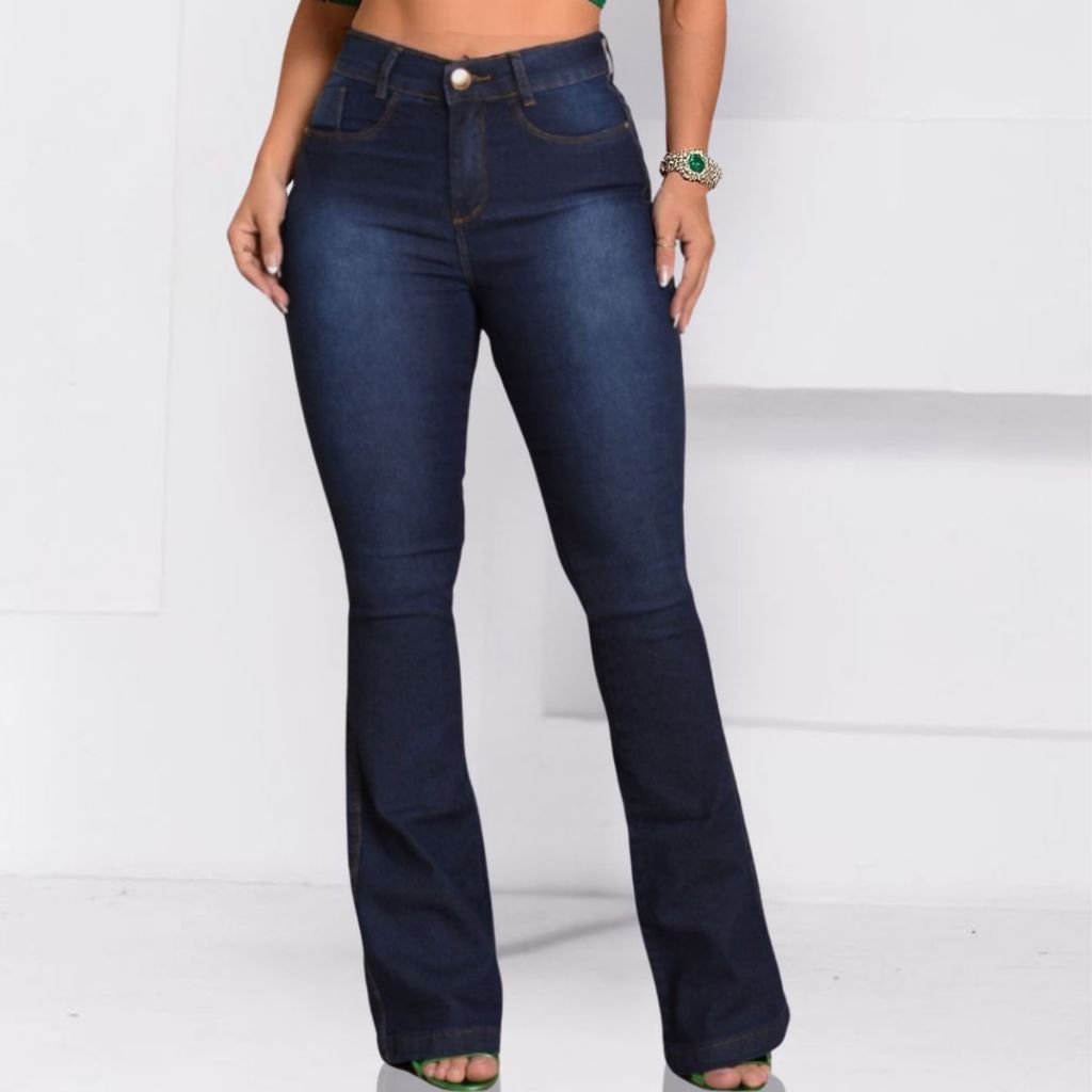 Calça jeans Flare Feminino Cintura Alta boca de sino Larga cós alto levanta bumbum lycra Elastano em Oferta na Shopee