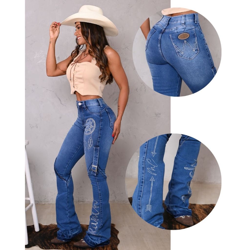 Calça Fivela Country Jeans Feminino Com Elastano Boiadeira Boot Coot Charlene em Oferta na Shopee