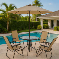 Conjunto 6 Peças Mesa com 4 Cadeiras e Guarda-Sol Ideal Para Jardim, Piscina e Varanda
