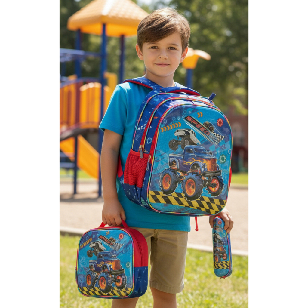 kit mochila escolar infantil carro / Princesa 3D lacheira e estojo