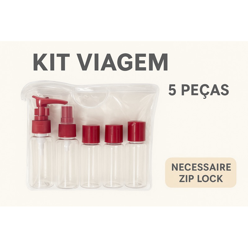 Kit Viagem 5 Peças com Necessaire Zip Lock | Frascos 40ml e 60ml | Cores Sortidas