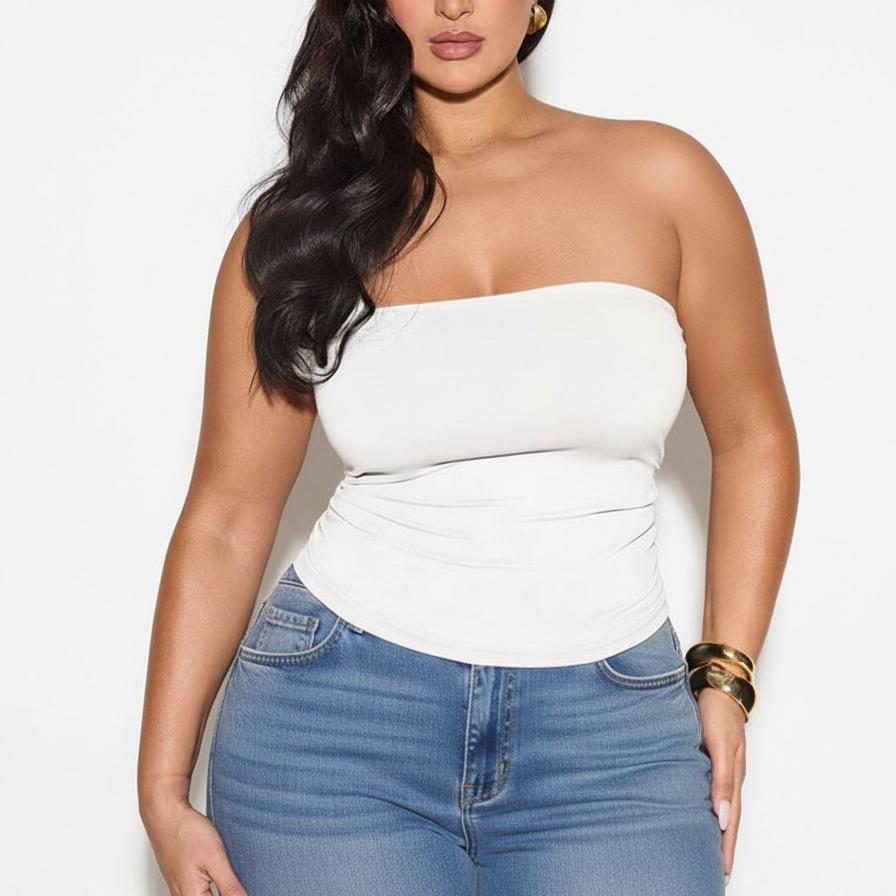 Cropped Tomara Que Caia Top Tube Forrado Básico Tecido Suplex Plus Size - Branco