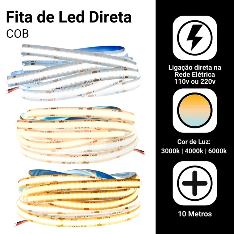 Fita LED COB 320 LEDs/m 10m 110V ou 220V Direta Para Perfil 3000K — foto 2