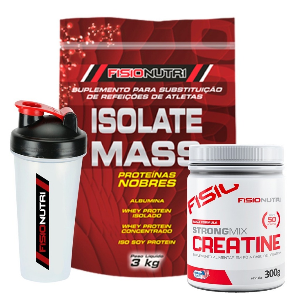 Kit 1 Isolate Mass 3kg + Strong Mix Creatine 300g + 1 Coqueteleira 600ml - Fisio Nutri