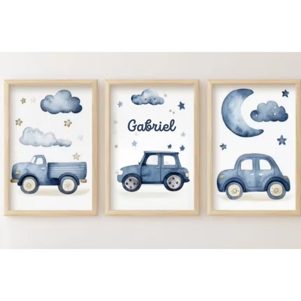 Kit 3 Quadros Decorativos Carro Infantil nome Personalizado decoração quarto menino bebê criança