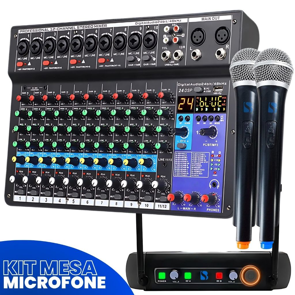 Kit Console Mesa Som 12 Canais Audio Profissional Bluetooth Mixer + Microfone Duplo UHF-202 Sem Fio Dinamico Cardiode