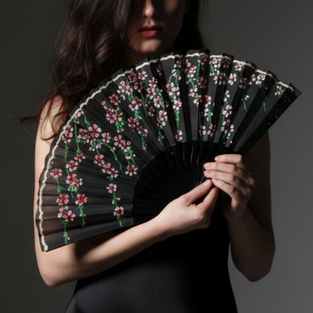 Leque de Mão Preto 42cm com Flores Casamento Festa