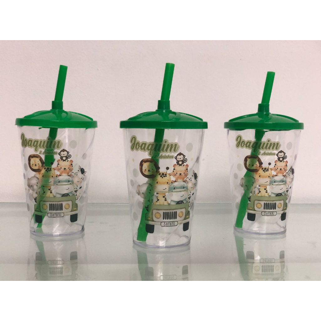 20 Copos Twister 300ml com Tampa e Canudo Personalizado - Safari - FAZEMOS QUALQUER TEMA.