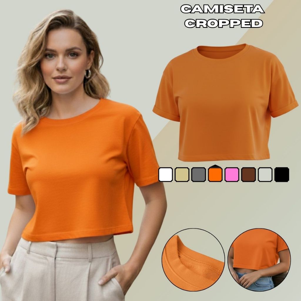Cropped 100% Algodão Premium Camiseta Feminina Básica Manga Curta Tendência em Oferta na Shopee