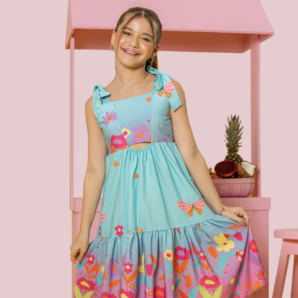 Vestido Infantil Rodado Menina Soltinho Juvenil Festa Moda Feminino Estampado Babado Blogueirinha