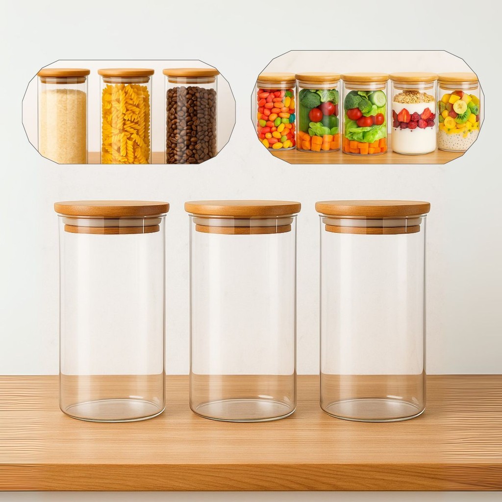 Conjunto 3 Potes Herméticos Com 800ml De Vidro Redondo Tampa De Bambu Mantimentos Tempero Alimento em Oferta na Shopee