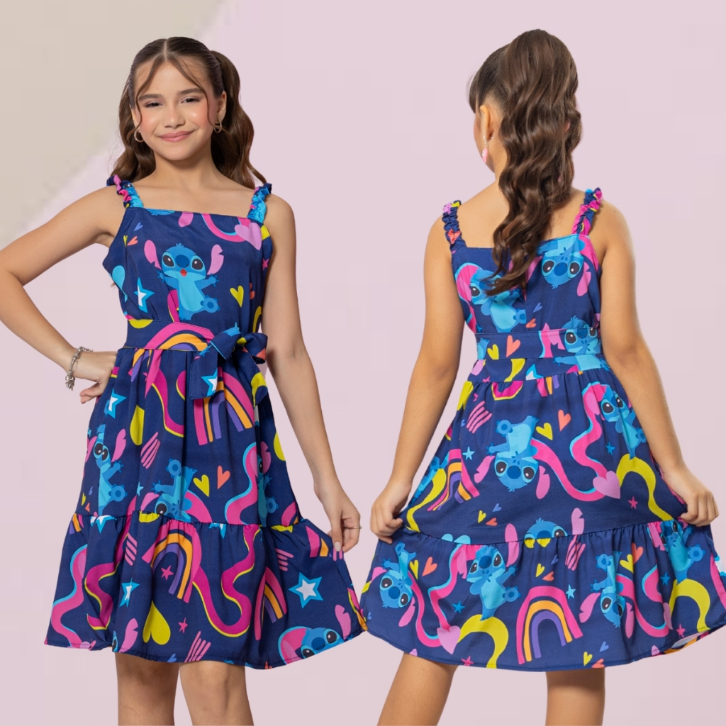 Vestido Infantil Stitch Menina Blogueirinha Juvenil Festa Moda Evangelico Feminino Estampado Desenho