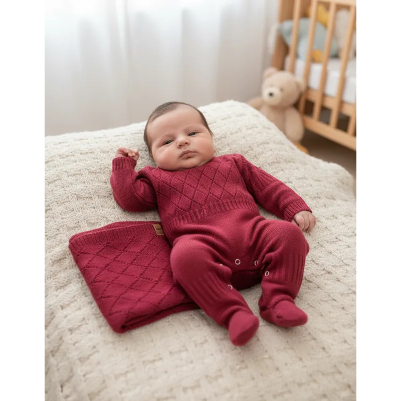 Kit Macacão Infantil Manta Cobertor Saìda Maternidade Tricot Menino Menina Bebê Tricô RN