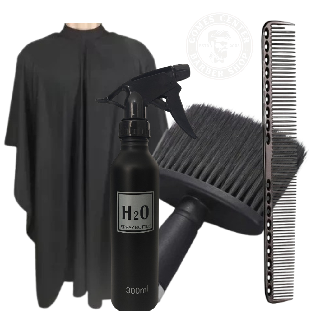 Kit Barbeiro Profissional Completo – Capa de Corte + Borrifador + Espanador Macio + Pente Carbono