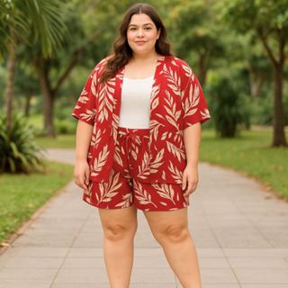 Conjunto plus kimono e short crepe estampado em Oferta na Shopee