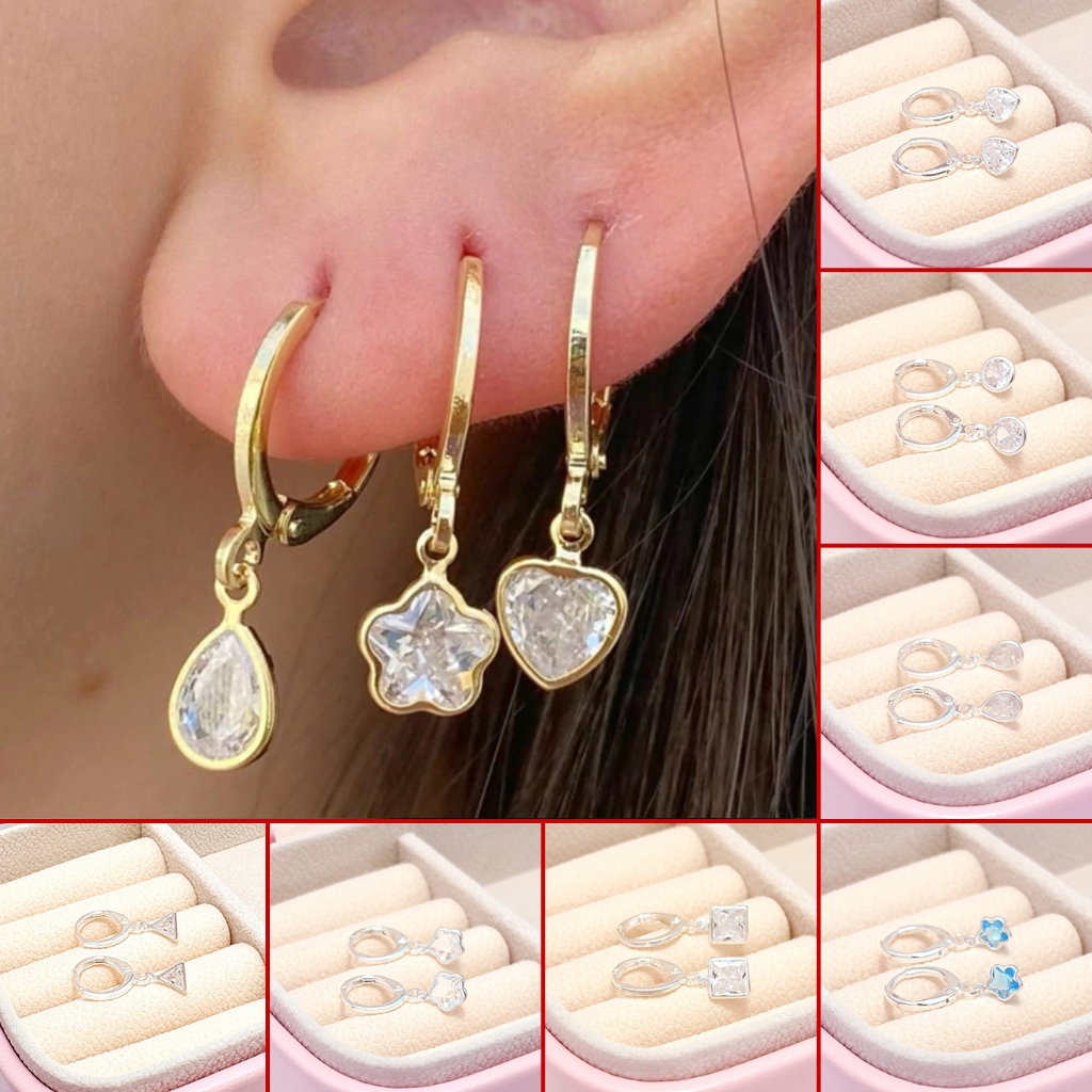 Brincos de prata 925 com pingentes em formato de coração, lágrima, redondo, flor, quadrado e triângulo em Oferta na Shopee