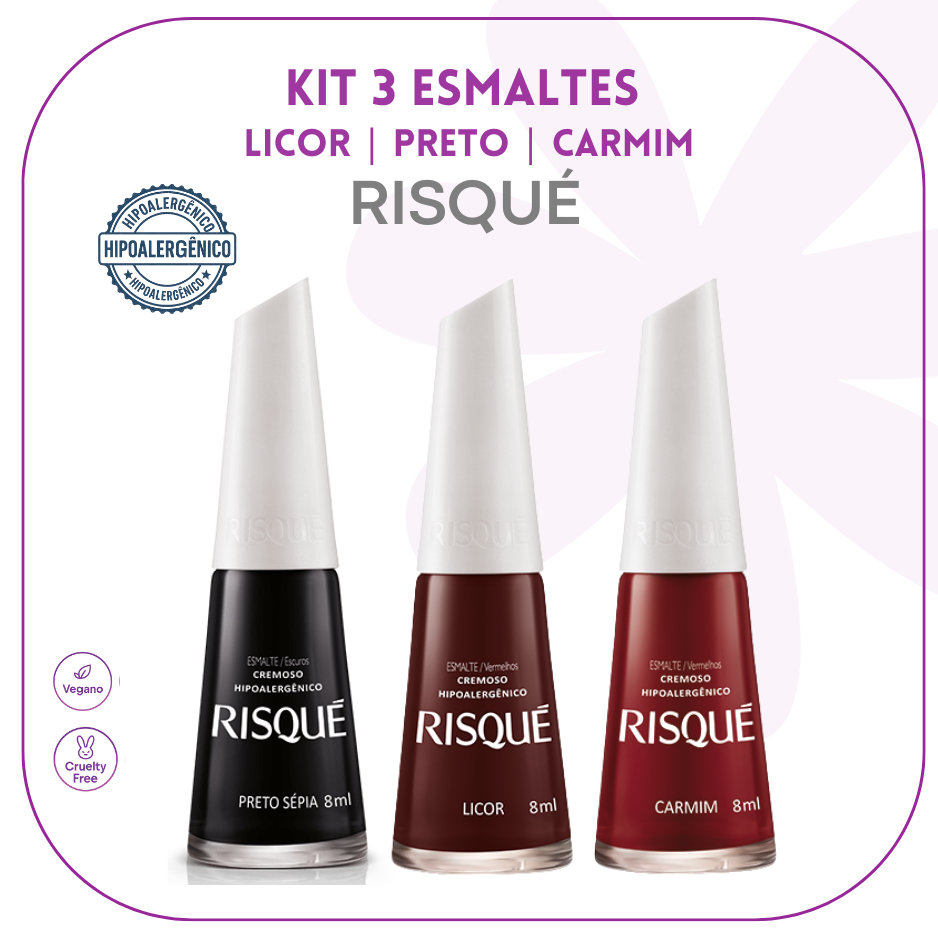 RISQUÉ UNHAS - KIT 3 ESMALTES ESCUROS - PRETO | CARMIM | LICOR - HIPOALERGÊNICO