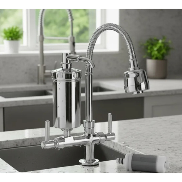 Link Metais, Torneira Com Filtro De Bancada, Tubo em Inox, Flexivel Duplo Jato, Cromada