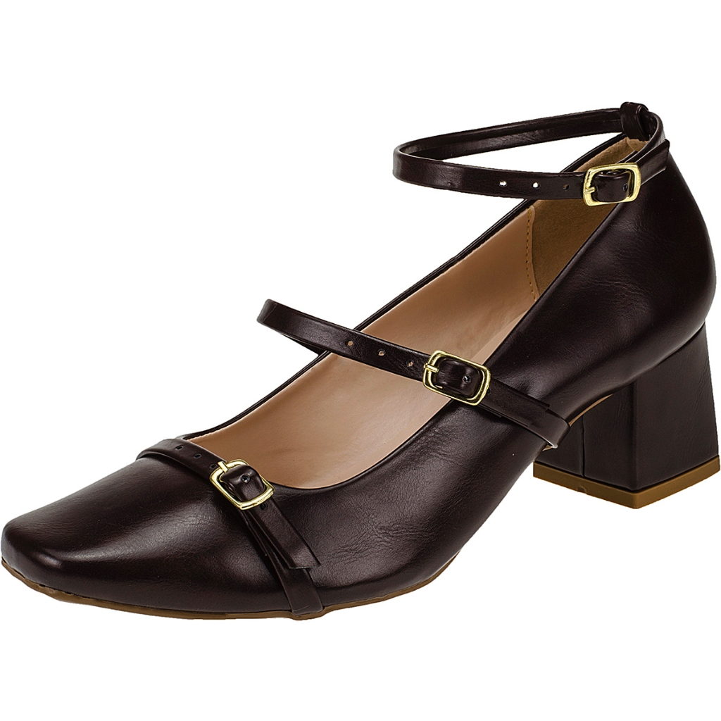 Sapato Feminino Salto Bico Quadrado Mary Jane Boneca Social Shekinah Tiras Fivelas Confortável em Oferta na Shopee