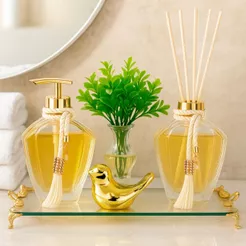 Kit Lavabo Luxo Vidro Agata Com bandeja Espelhada Vaso e Passarinho Decorativo Saboneteira e Difusor