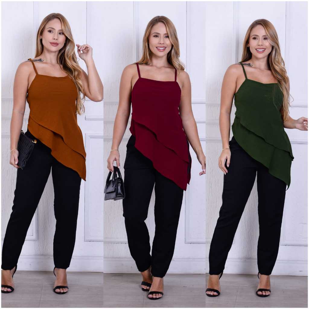 Regata Feminina Assimétrico Cruzada Com Alça No Tecido Duna Social Verão em Oferta na Shopee