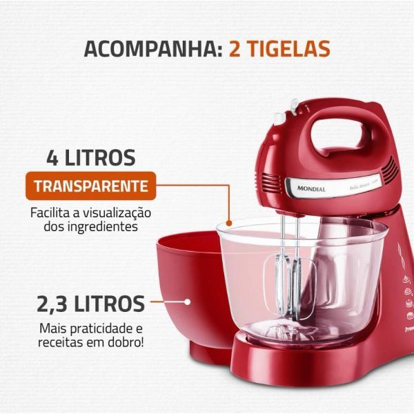 Batedeira Bella Massa Mondial 500W–B-29 NP 110v 4 VELOCIDADES + TURBO BATEDORES AÇO CROMADO Vermelha