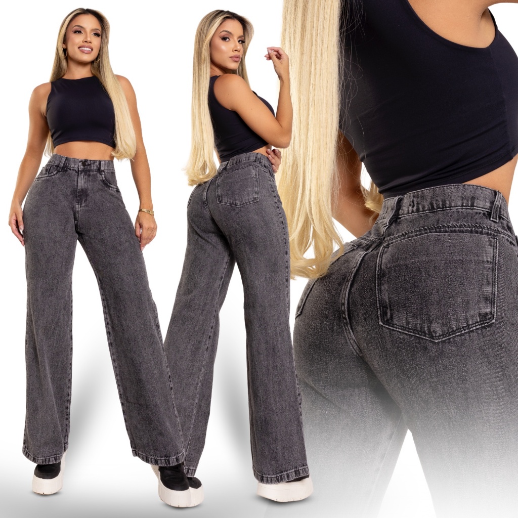 Calça Wide Leg Jeans Feminina Marmorizada Escura Pantalona Levanta Bumbum Cintura Alta Boca Larga