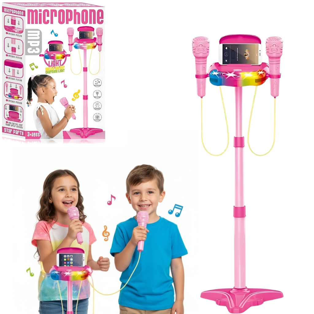Microfone Infantil Duplo De Pedestal C/ Luz Som E Suporte de Celular Rosa - Castela em Oferta na Shopee