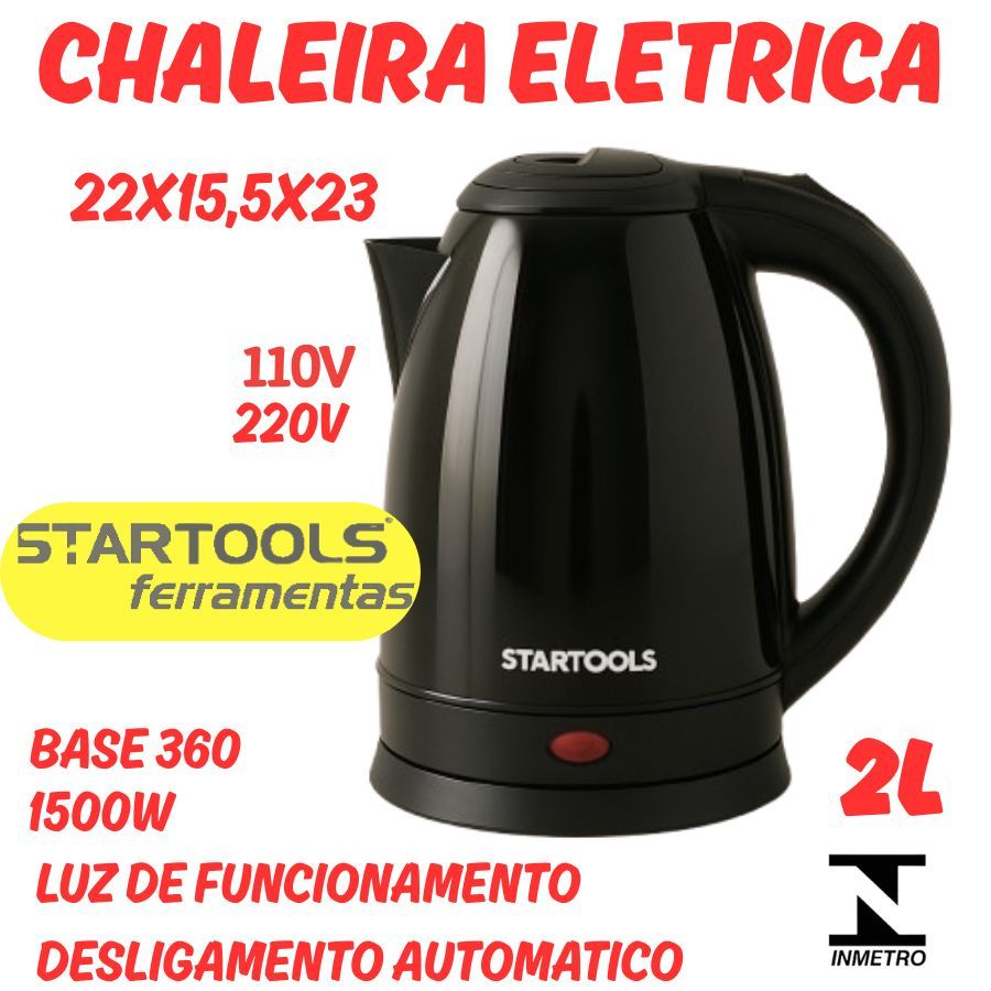Chaleira Jarra 2L Elétrica 1500W 220V 110V Desligamento Automático Inox Base Rotativa LED Indicativo