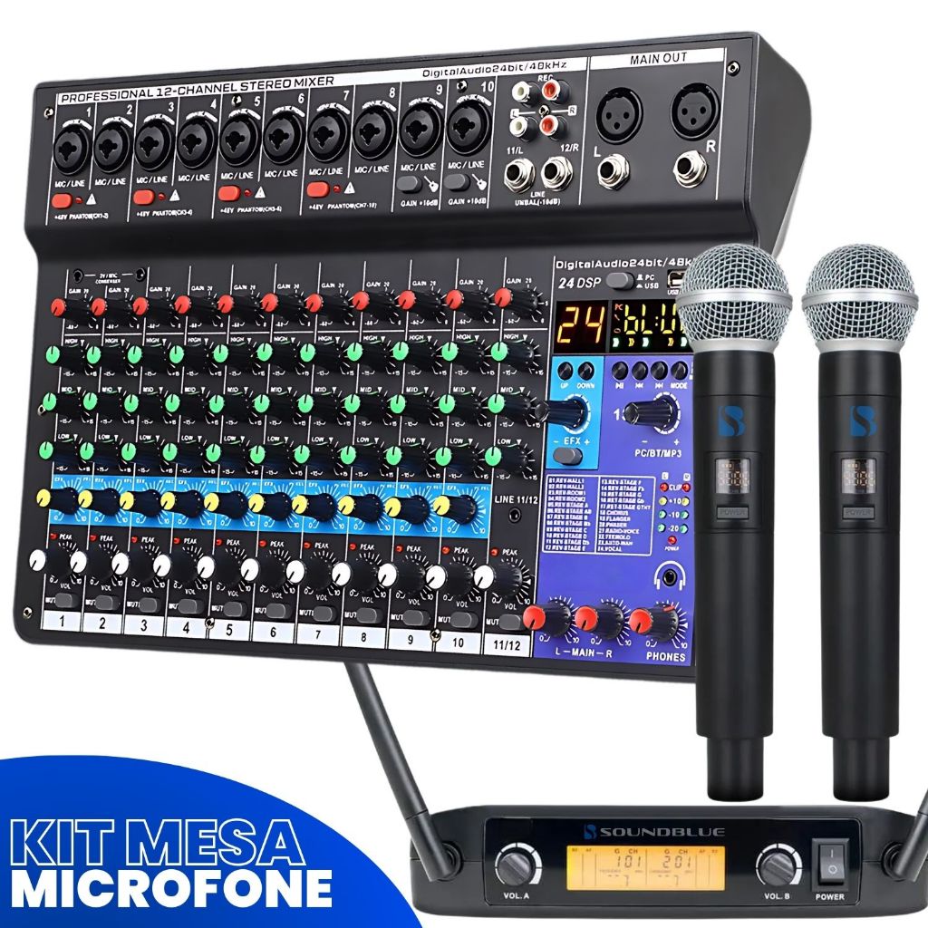 Kit Console Mesa Som 12 Canais Audio Profissional Bluetooth Mixer + Microfone Duplo UHF-520M Sem Fio Dinamico Cardiode