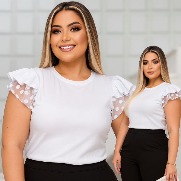 Blusa Canelada 3 Babados Na Manga / Blusa Em Tule Poá / Blusa Feminina Canelada